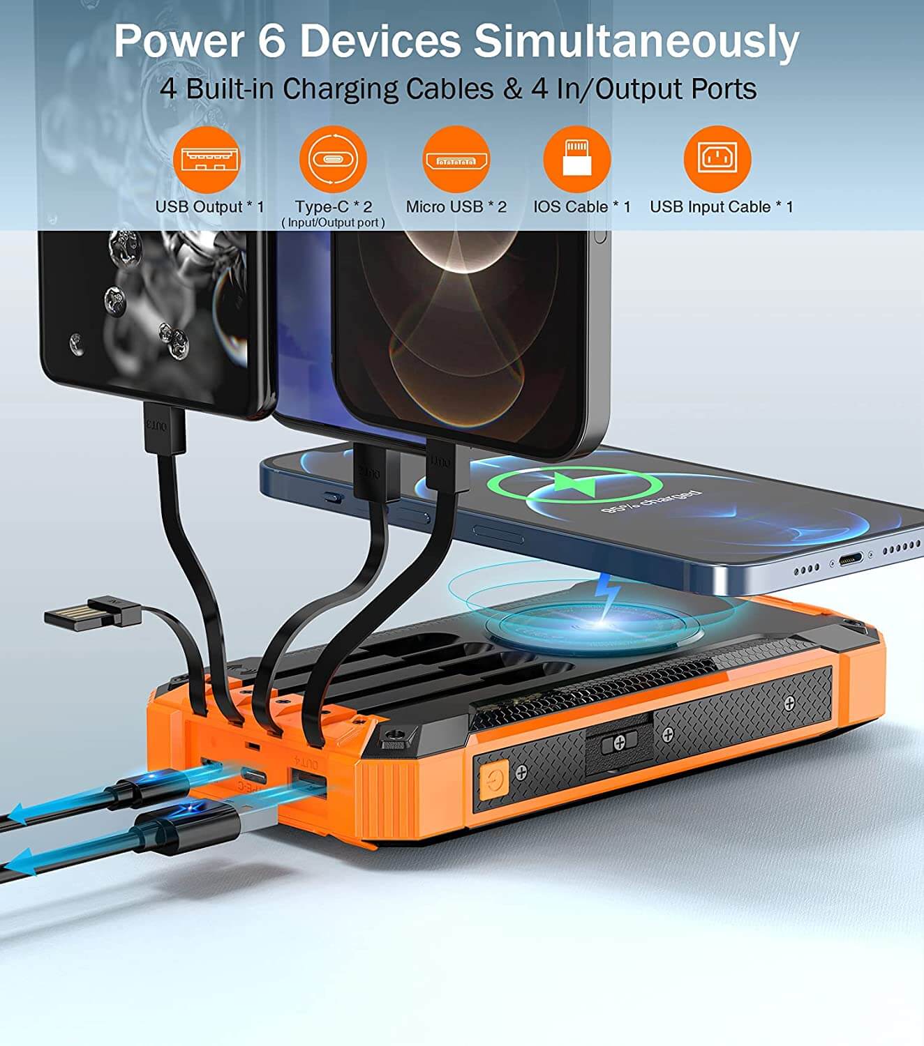 BLAVOR Solar Power Bank Wireless Charger 36000mAh Built in 4 Cables - Blavor