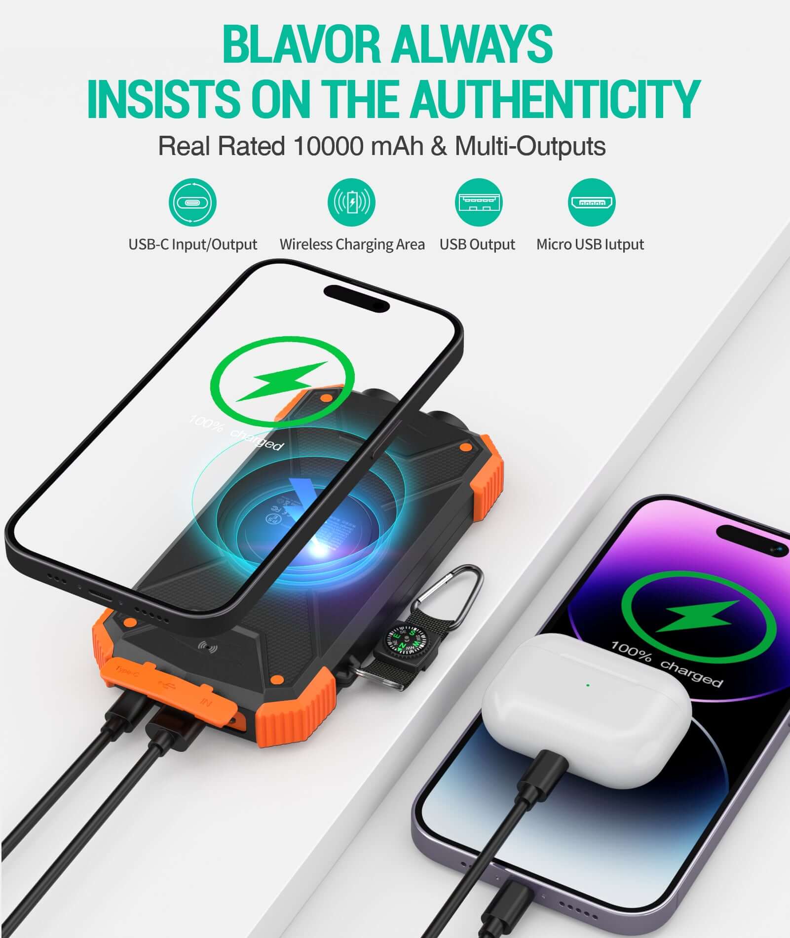 10000 mAh Power Bank with Wireless Charging and Integrated Cables