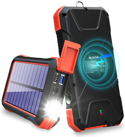 Blavor - Paquete de batería externa solar, cargador inalámbrico Qi de  10,000 mAh, entrada y salida tipo C, linterna doble superbrillante, brújula  con